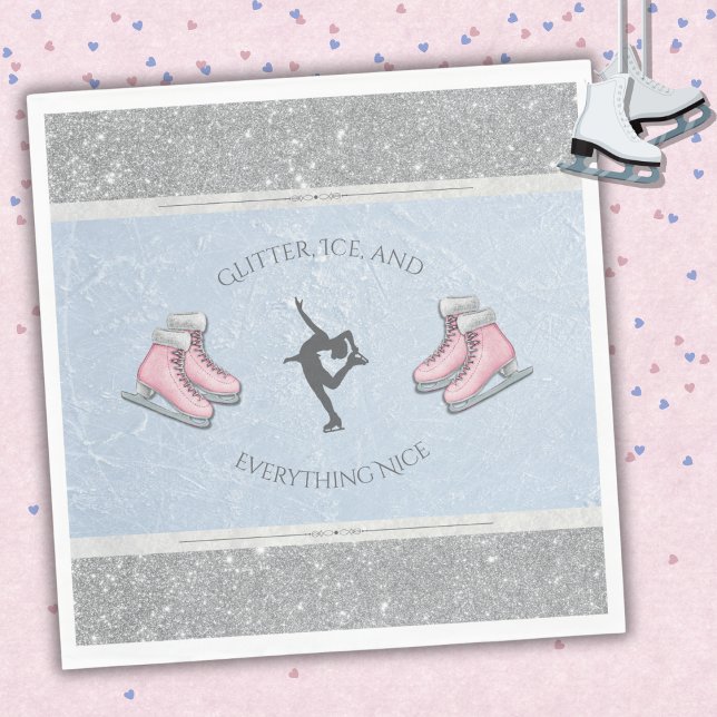 Sparkly Silver Glitter Ice Skater Birthday Napkins Pappersservett (Elegant Ice Skater Napkins featuring Silver Glitter and Icy Blue accents.)