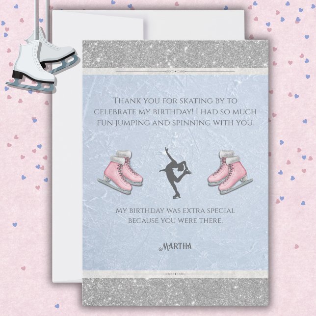 Sparkly Silver Glitter Ice Skating Birthday Tack Kort (Gracious Gratitude: Elegant Ice Skater Thank You Cards with Silver Glitter Accents)