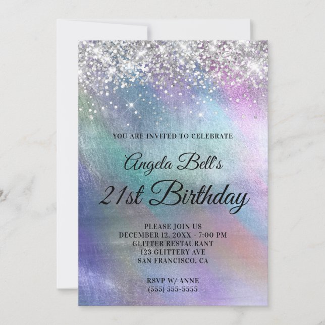 Sparkly Silver Glitter Iridescent Foil Birthday Inbjudningar (Framsida)
