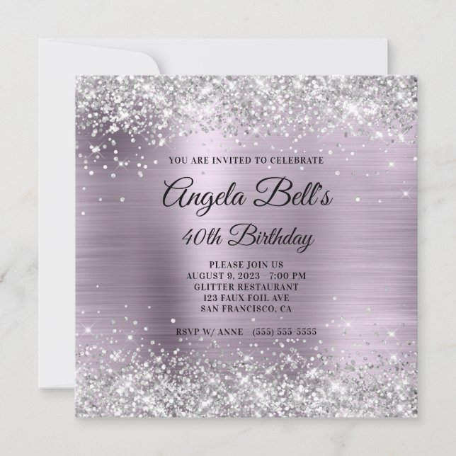 Sparkly Silver Glitter Lavender Foil 40:e födelsed Inbjudningar (Framsida)