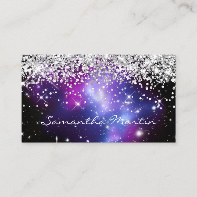 Sparkly Silver Glitter Lila Galaxy Celestial Visitkort (Framsida)