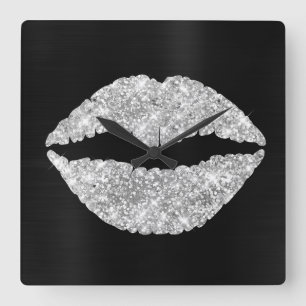 Sparkly Silver Glitter Lipstick Black Foil Fyrkantig Klocka