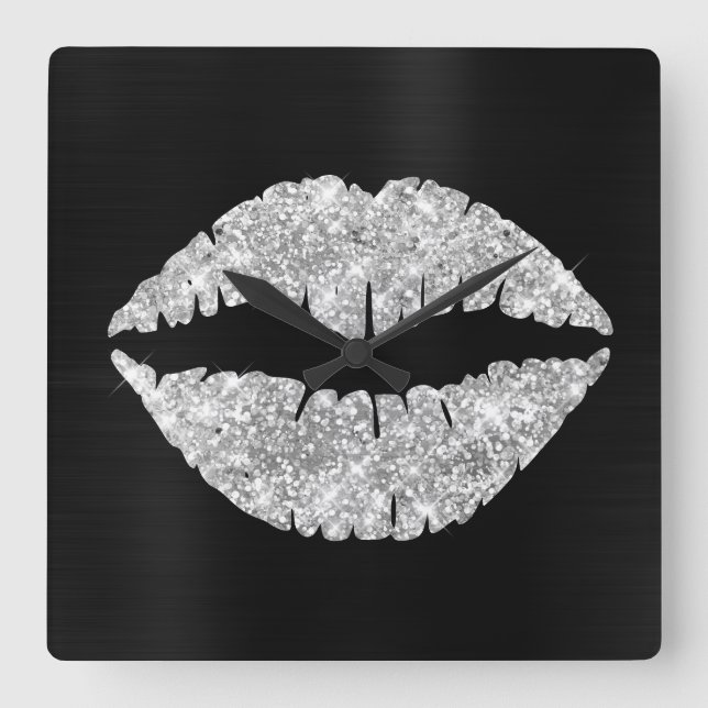 Sparkly Silver Glitter Lipstick Black Foil Fyrkantig Klocka (Framsida)
