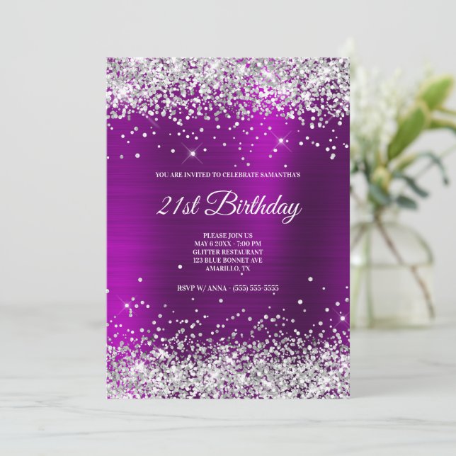Sparkly Silver Glitter Magenta Lila Satin Foil Inbjudningar (Stående Fram)