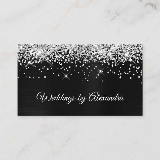 Sparkly Silver Glitter Mörk Grått Black Satin Foil Visitkort (Framsida)