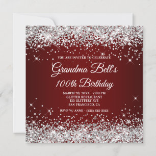 Sparkly Silver Glitter Mörk Red 100 Birthday Inbjudningar