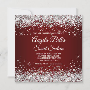 Sparkly Silver Glitter Mörk Red Sweet sixteen Inbjudningar