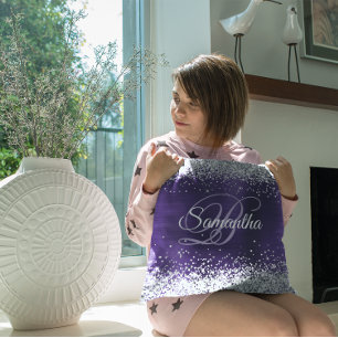 Sparkly Silver Glitter Mörk Violet Foil Monogram Kudde