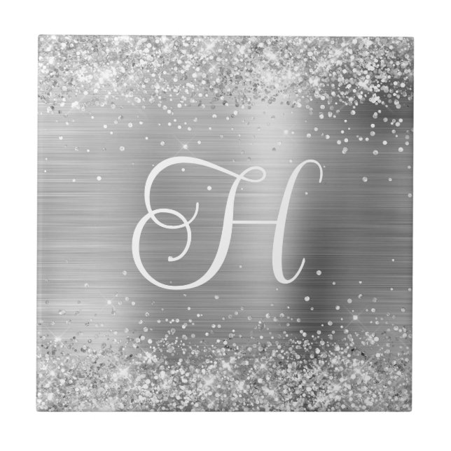 Sparkly Silver Glitter och Foil Monogram Kakelplatta (Framsidan)
