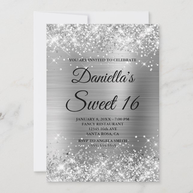Sparkly Silver Glitter och Foil Sweet 16 Inbjudningar (Framsida)