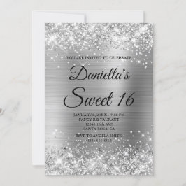 Sparkly Silver Glitter och Foil Sweet 16 Inbjudningar