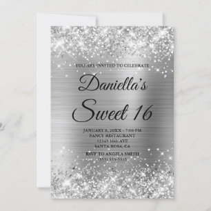 Sparkly Silver Glitter och Foil Sweet 16 Inbjudningar