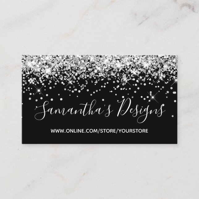 Sparkly Silver Glitter Online Store Black Visitkort (Framsida)