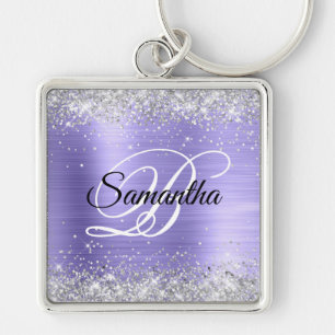 Sparkly Silver Glitter Periwinkle Foil Monogram Fyrkantig Silverfärgad Nyckelring