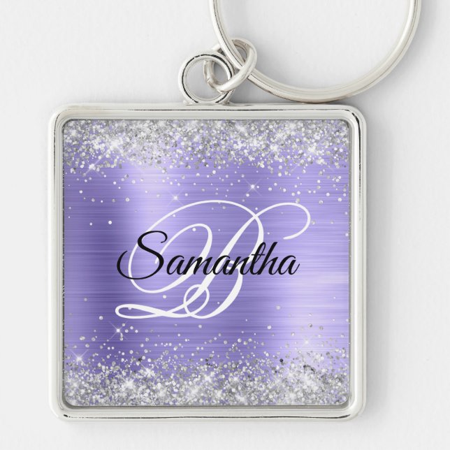 Sparkly Silver Glitter Periwinkle Foil Monogram Fyrkantig Silverfärgad Nyckelring (Framsidan)