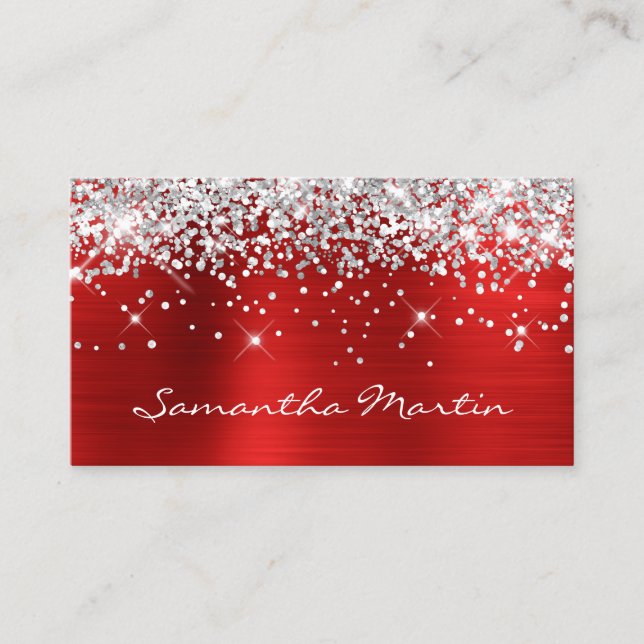Sparkly Silver Glitter Red Foil Visitkort (Framsida)