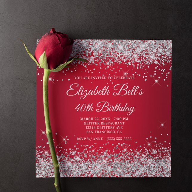 Sparkly Silver Glitter Red Ombre 40:e födelsedag Inbjudningar (Sparkly Silver Glitter Red Ombre Birthday Invitation)