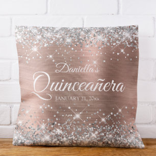 Sparkly Silver Glitter Ro Gold Foil Quinceañera Kudde