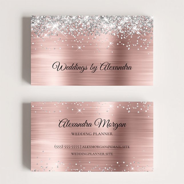 Sparkly Silver Glitter Ro Guld Satin Ombre Foil Visitkort (Sparkly Silver Glitter Rose Gold Satin Ombre Foil Business Card)