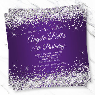 Sparkly Silver Glitter Royal Lila 75:e födelsedag Inbjudningar