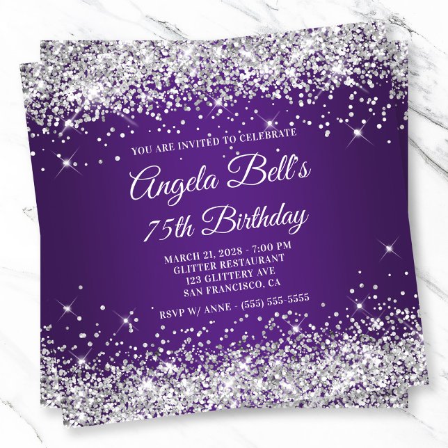 Sparkly Silver Glitter Royal Lila 75:e födelsedag Inbjudningar (Sparkly Silver Glitter Royal Purple 75th Birthday Invitation)