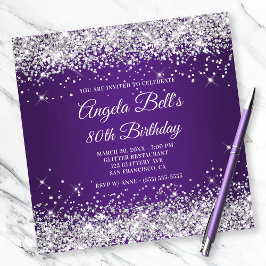 Sparkly Silver Glitter Royal Lila 80:e födelsedage Inbjudningar