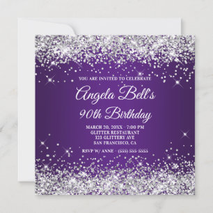 Sparkly Silver Glitter Royal Lila 90:e födelsedag Inbjudningar