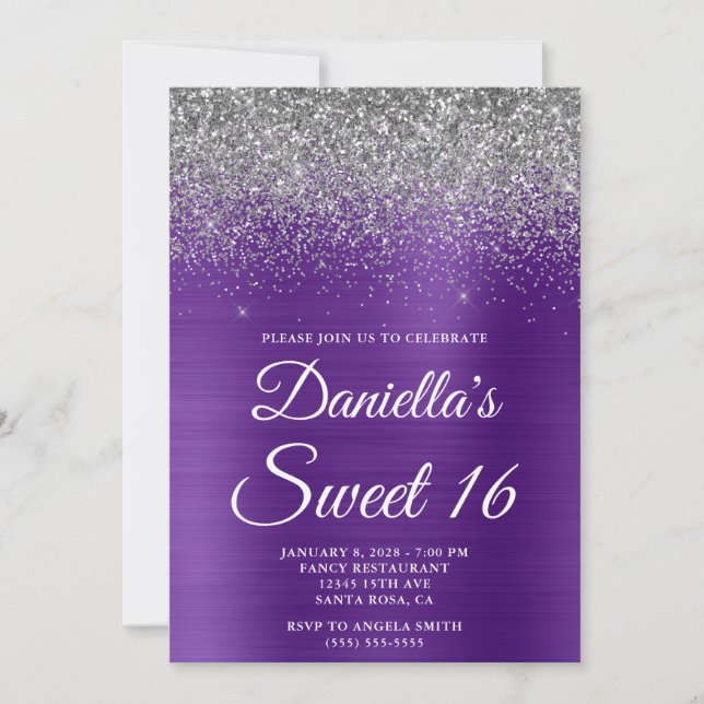 Sparkly Silver Glitter Royal Lila Foil Sweet 16 Inbjudningar (Framsida)