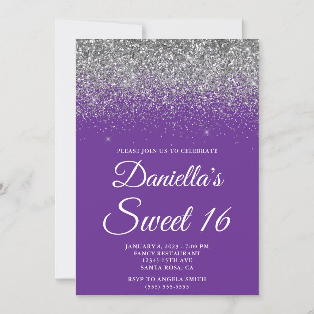 Sparkly Silver Glitter Royal Purple Sweet 16 Inbjudningar (Framsida)