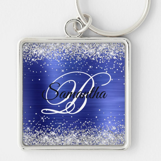 Sparkly Silver Glitter Sapphire Blue Foil Monogram Fyrkantig Silverfärgad Nyckelring (Framsidan)