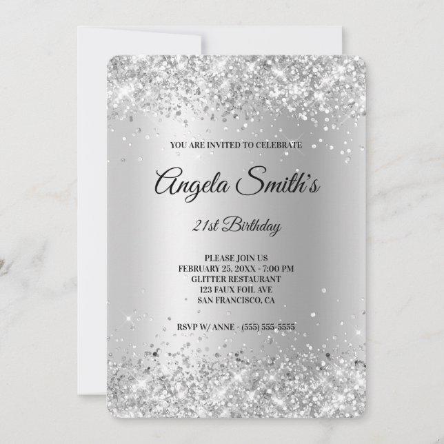 Sparkly Silver Glitter Satin Foil 21:a födelsedage Inbjudningar (Framsida)