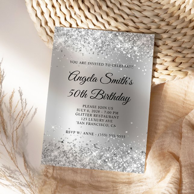 Sparkly Silver Glitter Satin Foil 50:e födelsedage Inbjudningar (Create a modern silvery glitter birthday invite.)