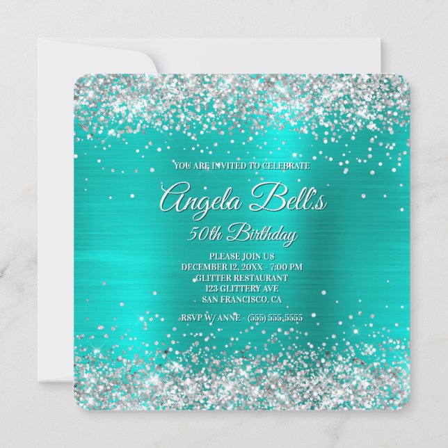 Sparkly Silver Glitter Turcouise Foil Monogrammed Inbjudningar (Baksida)
