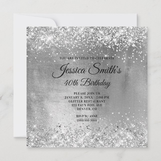 Sparkly Silver Grått Glitter Foil 40:e födelsedage Inbjudningar (Framsida)