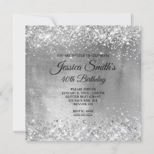 Sparkly Silver Grått Glitter Foil 40:e födelsedage Inbjudningar