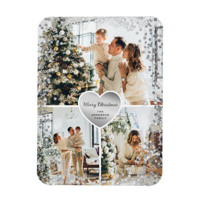 Sparkly Silver Heart Photo God jul Magnet (Vertikal)