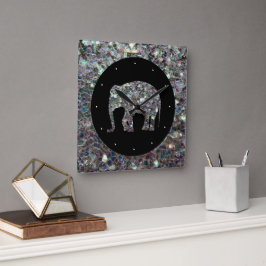 Sparkly silver mosaic glitter Elephant Fyrkantig Klocka