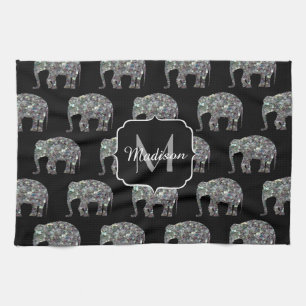 Sparkly silver mosaic glitter Elephant Monogram Kökshandduk