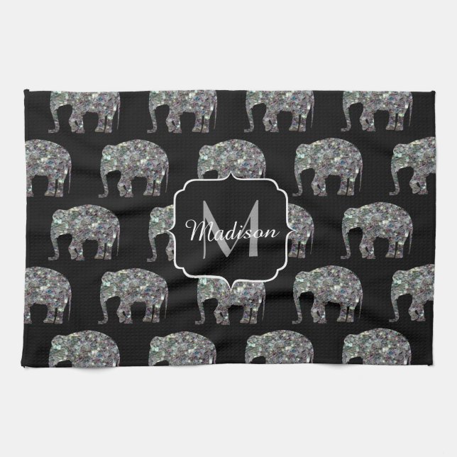 Sparkly silver mosaic glitter Elephant Monogram Kökshandduk (Horisontell)