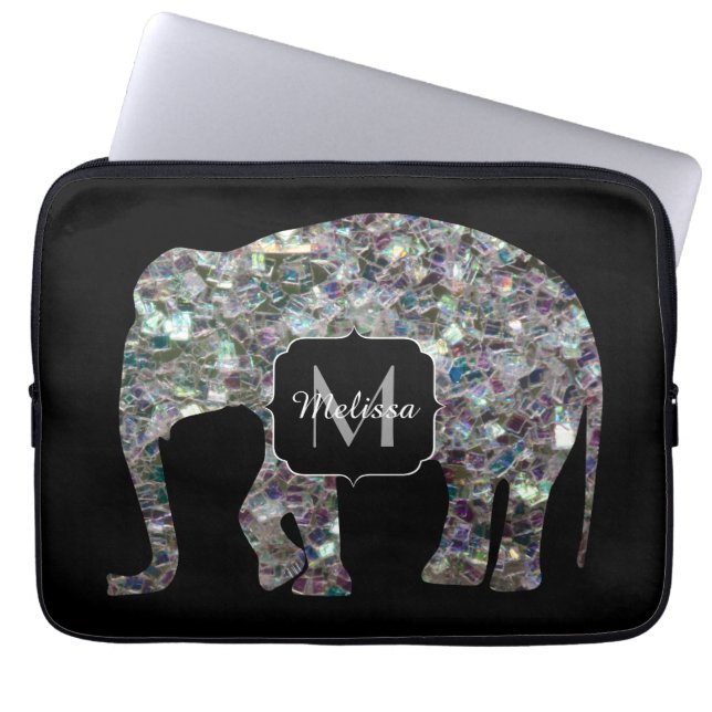 Sparkly silver mosaic glitter Elephant Monogram Laptop Fodral (Framsidan)