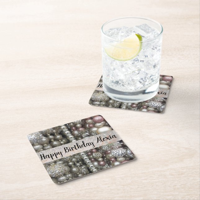 Sparkly Silver och Rosa Pärlor Underlägg Papper Kvadrat (Insitu)