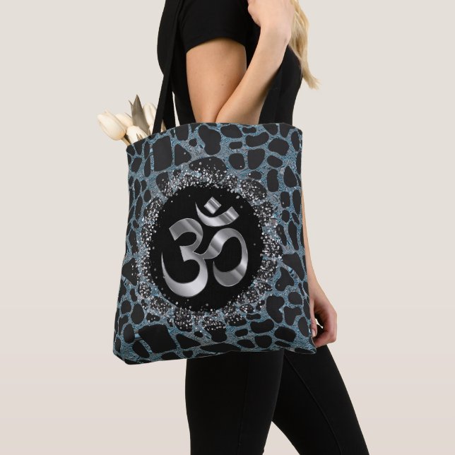 Sparkly Silver OM Turquise Giraffe Print Tote Tygkasse (Närbild)