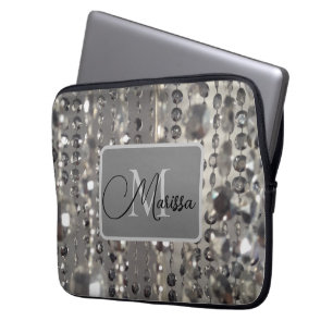 Sparkly Silver Pärlor Monogram Laptop Fodral
