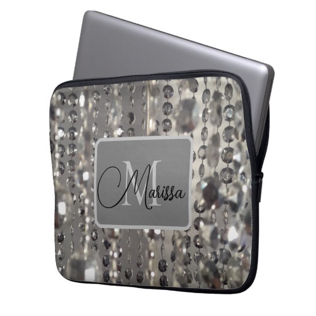 Sparkly Silver Pärlor Monogram Laptop Fodral (Framsidan Vänster)