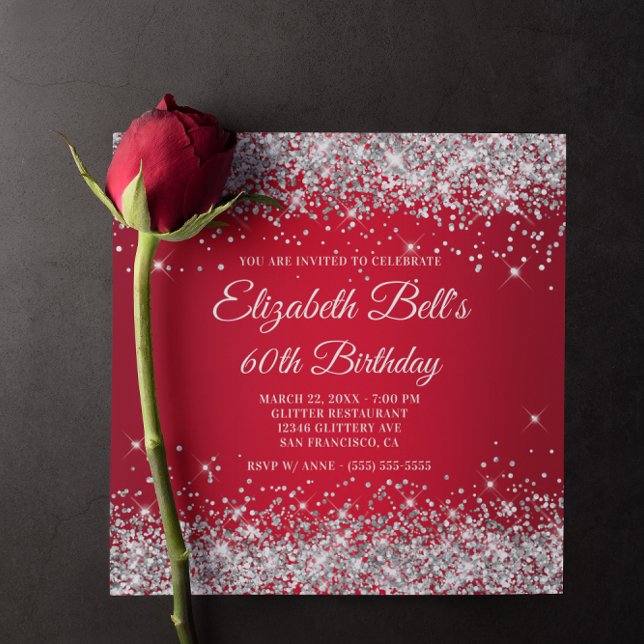 Sparkly Silver Red Ombre 60:e födelsedagen Inbjudningar (Red Birthday Invitation)
