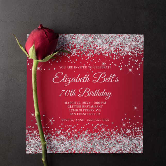 Sparkly Silver Red Ombre 70:e födelsedag Glitter Inbjudningar (Sparkly Silver Glitter Red Ombre Birthday Invitation)