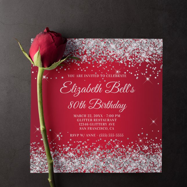 Sparkly Silver Red Ombre 80:e födelsedag Glitter Inbjudningar (Sparkly Silver Glitter Red Ombre Birthday Invitation)