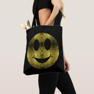 Sparkly Smile ansikte Gult Guld gnistor på Black Tygkasse