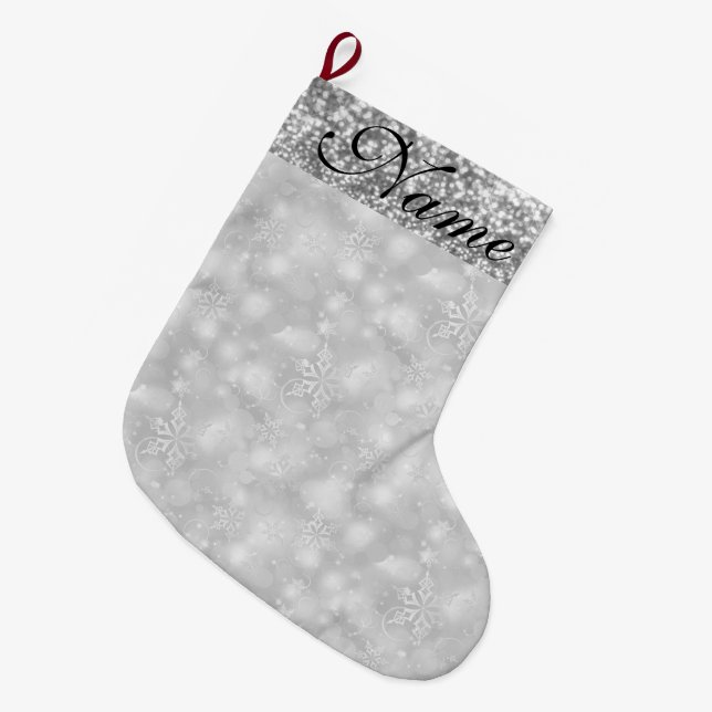 Sparkly Snöflingor, Silver och Silver Glitter - - Stor Julstrumpa (Framsidan (Hängande))