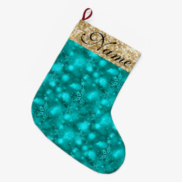 Sparkly Snöflingor, Teal & Guld Glitter - Stor Julstrumpa